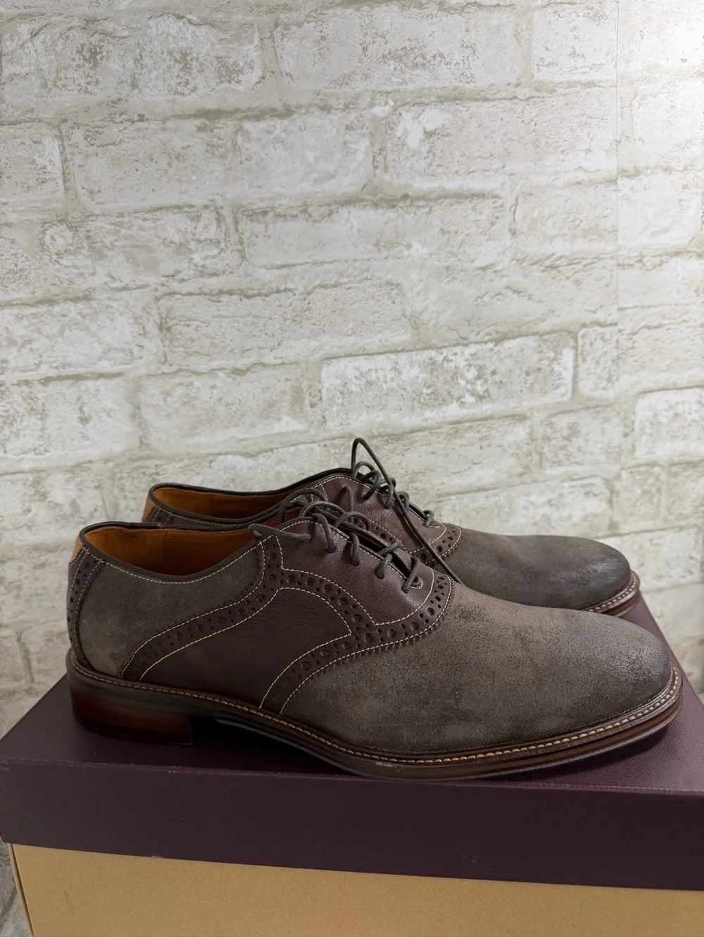 Johnston & Murphy ($170) Dark Gray Suede Deep Brown Leather Wingtip Oxfords 10.5